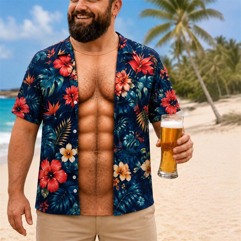 Funny 3D Print Muscle Belly Graphic T Shirt Men Hawaii Floral Leaf Pattern Casual Summer Short Sleeve Tops Beach Trip Pool Party