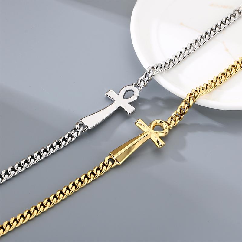 Stainless Steel Cross Bracelet for Men Women Polished Symbol Curb Chain Wristband Gold Color Adjustable Jewelry for Daily Wear