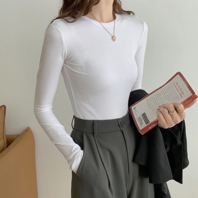Quality foreign style versatile Korean version slim fit fashion thin foreign style solid color long sleeves S белый