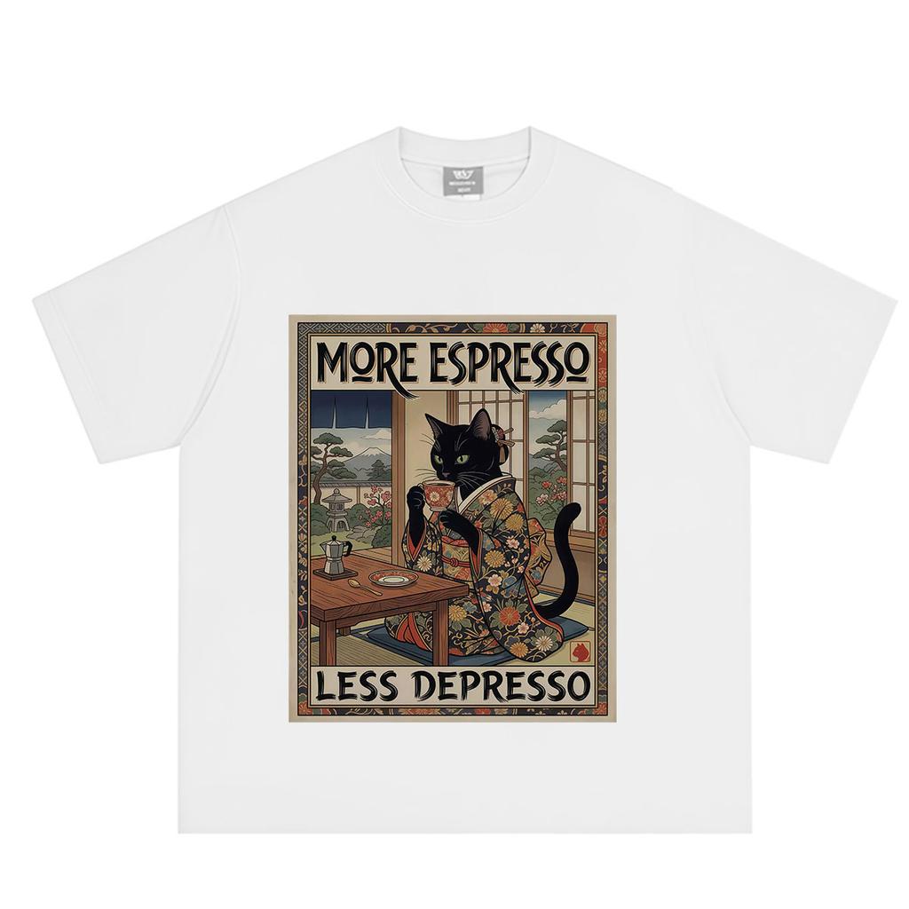 More Espresso Less Depresso Japanese Funny Cat Meme Tshirt Unisex Unisex Vintage Fashion Tshirt Summer Loose Casual Cotton Tshirts