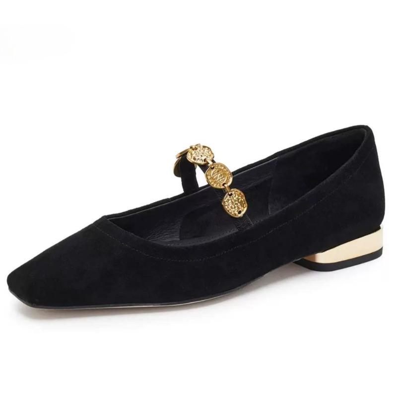 Fashion Low Heel Shoes Women's Fashion Square Head Shallow Mouth Suede Metal Buckle Line with Soft Sole Anti-slip Wear Shoes