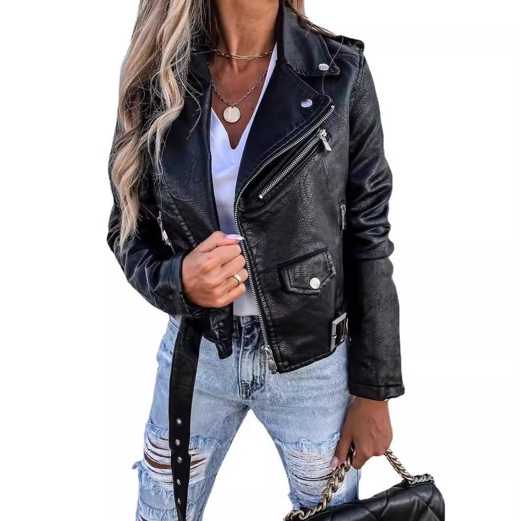 2025 Spring/Summer Women's PU Leather Motorcycle Jacket – Short Zipper Style