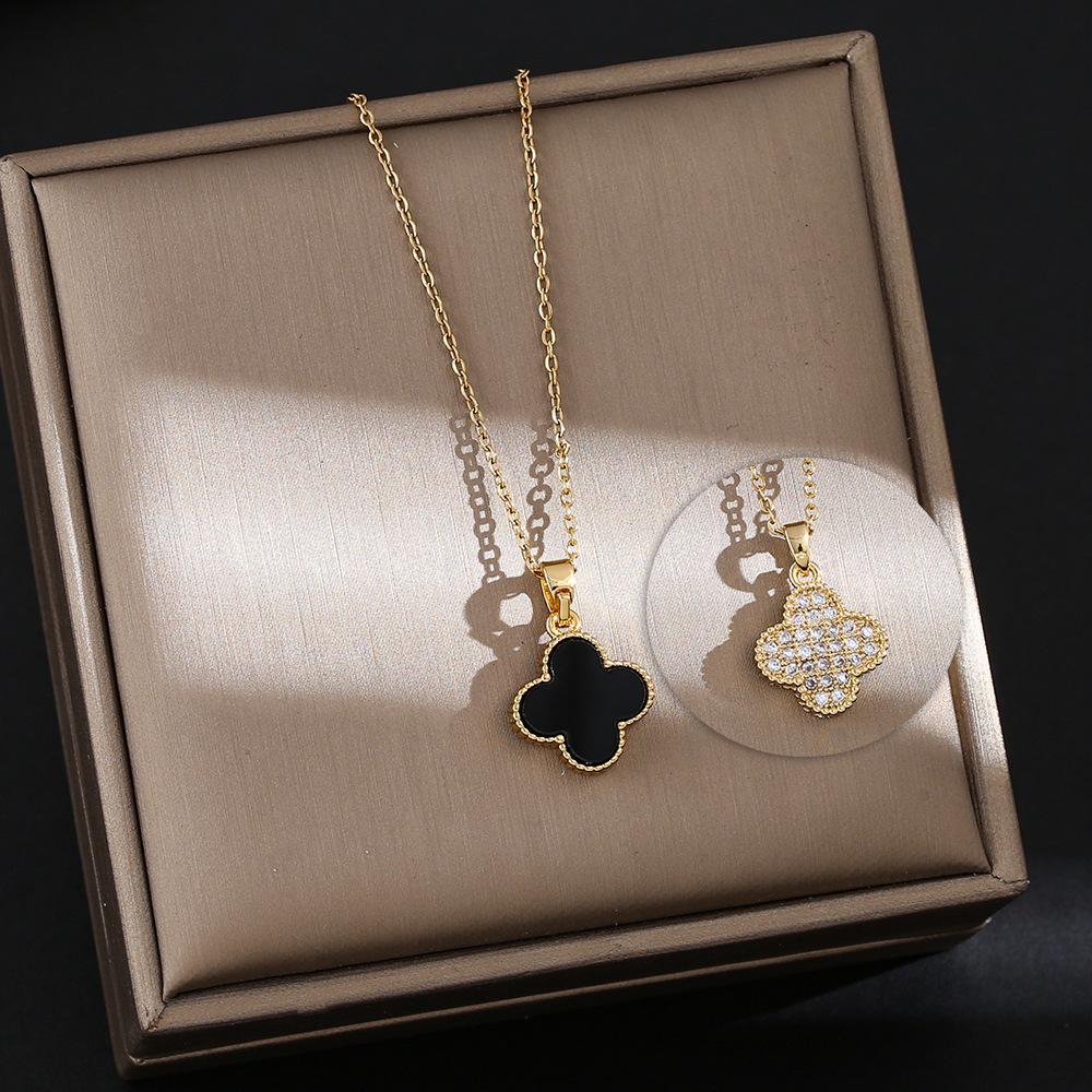 Classic Four-Leaf Clover Titanium Steel Necklace Women Positive And Negative Can Be With Micro-Set Zirconia Hundred With Collarbone Chain