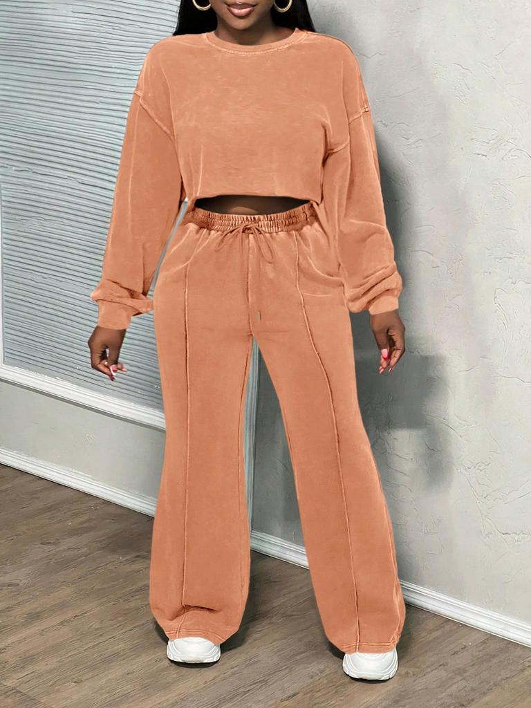 Women's Spring Fall Long Sleeve Casual Sets Washed Hoodie Sweatshirt 2 Piece Outfit Trendy Loose