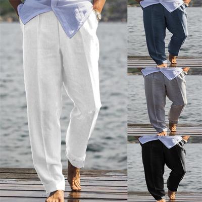 Men's Linen Trousers Youth Slash Pockets Solid Colour Loose Casual Comfortable Breathable Outdoor Trousers