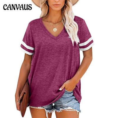 Summer Women's T-shirt V-neck Short Sleeve Color Patchwork T-shirt Loose Casual Tops
