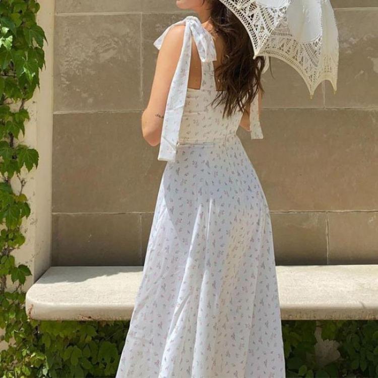 New Women Fashion Europe America Style V Neck Lace Floral Backless Split Dress Female Suspender Bottoming