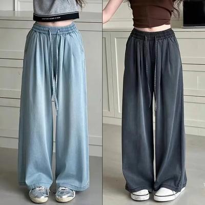 Girls Summer Thin Jeans Style Lyocell Cotton Kids Straight Wide Leg Denim Pants Children's Trousers