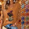 Women's V-Neck Casual Halloween Print Three-Quarter Sleeve Top
