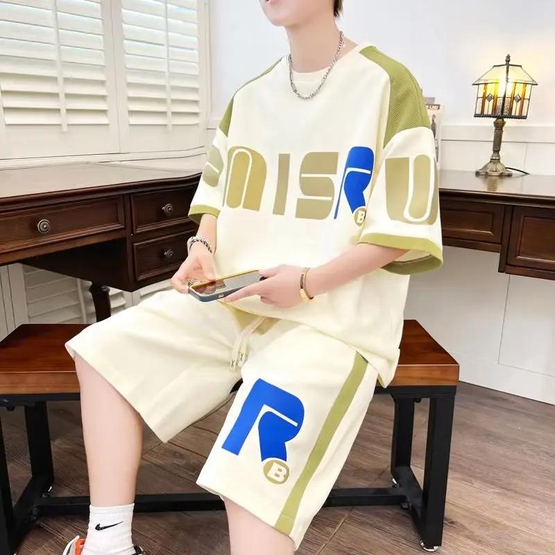Summer Men's Sets Korean Fashion 2 Piece Set Tracksuit Men Trend Men Clothing Joggers Set Print T Shirt+Shorts Men Outfit Set