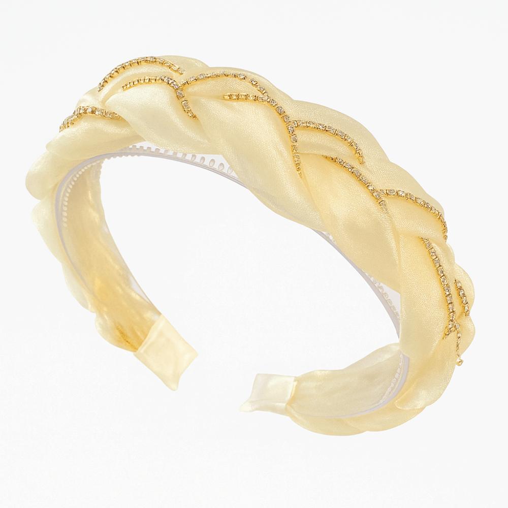 

Elegant Organza Braided Headband Rhinestone Wide Edge Headband Women s Hair Accessories бежевий