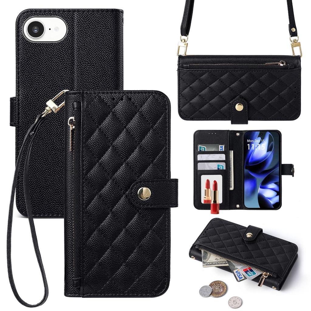 iPhone16e French Style Wallet Case: Card Slot, Zipper, Shoulder & Hand Straps, Crossbody Leather