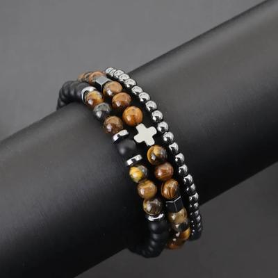 Neues 3-teiliges Armbandset mit Natursteinperlen mit Schwarzem Onyx Tigerauge Hämatit Heilarmband Geschenke für Ihn Lava-Accessoires