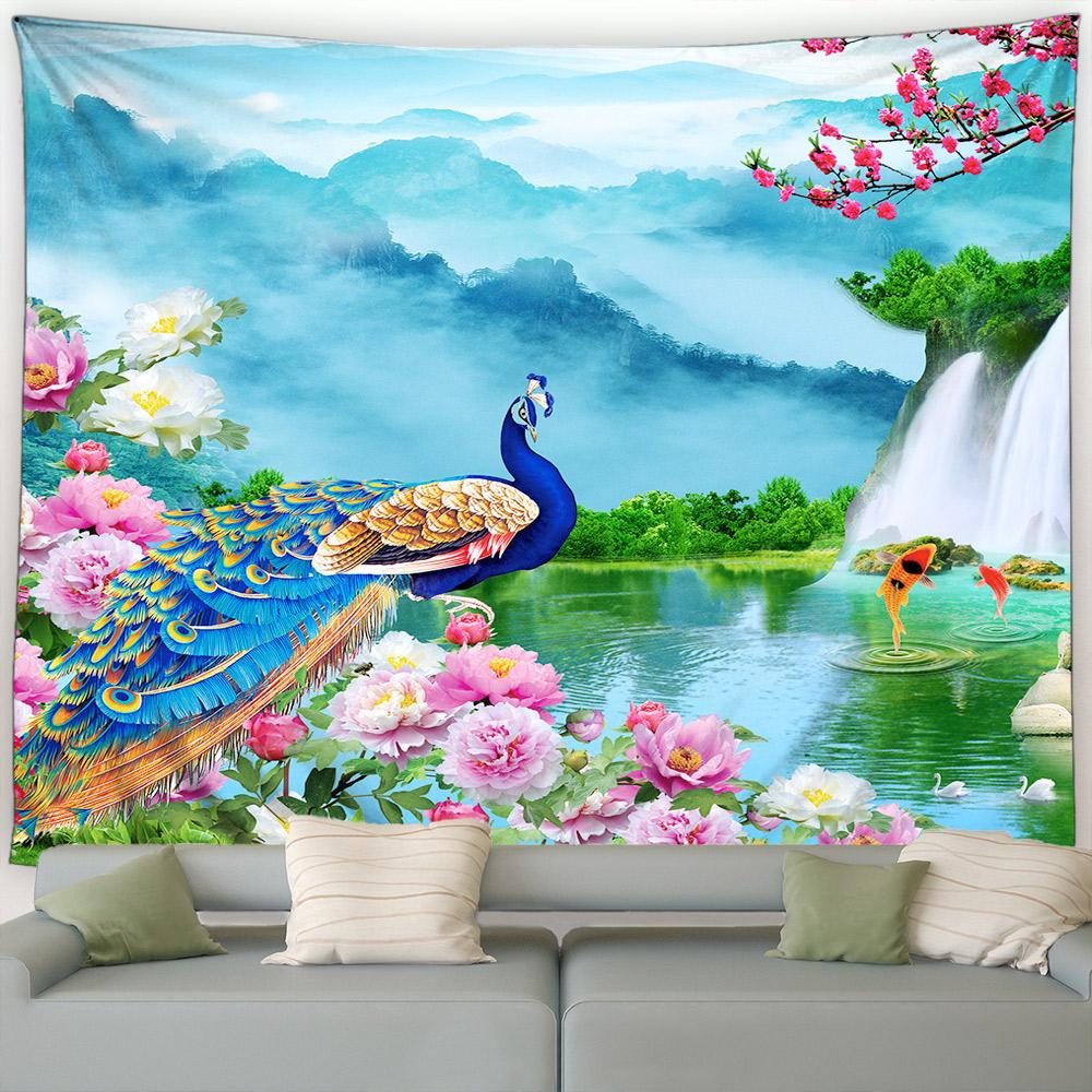 Grønne Påfuglblomster Tropisk Plante Fosslandskap Hage Veggoppheng Hjem Stue Dekorasjon Skogslandskap Gobelin