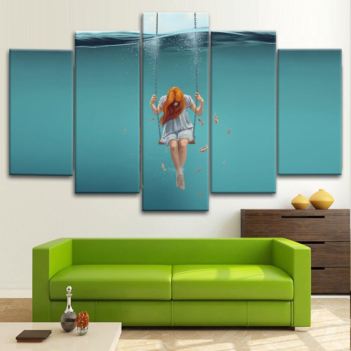 

5Pcs Underwater Blue Girl Nature Love Beauty 5 Piece Canvas Wall Art Print Home Decor No Framed Pictures Poster HD Print