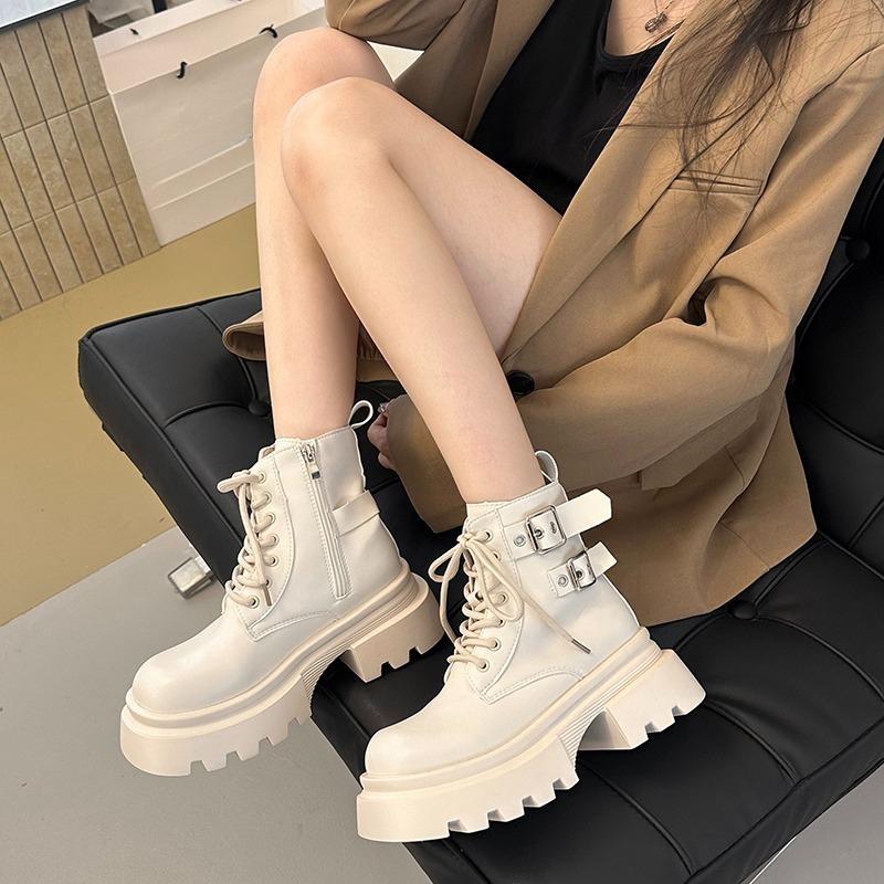 Platform Booties New Soft Sole Fall Winter Round Toe Side Zipper Metal Buckle Anti-slip Wear-resistant Block Heel Boots