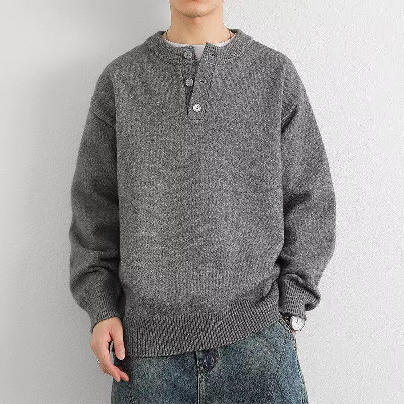 

Men s Trendy Henley Knit Sweater - Autumn Winter Loose Fit XL темно-сірий