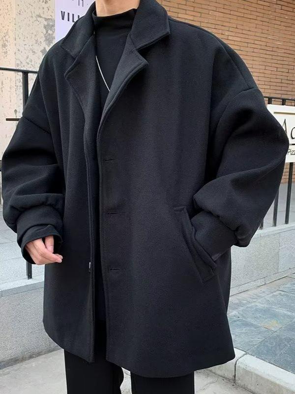 Herren Mittellanger Schwarzer Wollmantel im Koreanischen Stil – Herbst/Winter High-End Freizeitkleidung