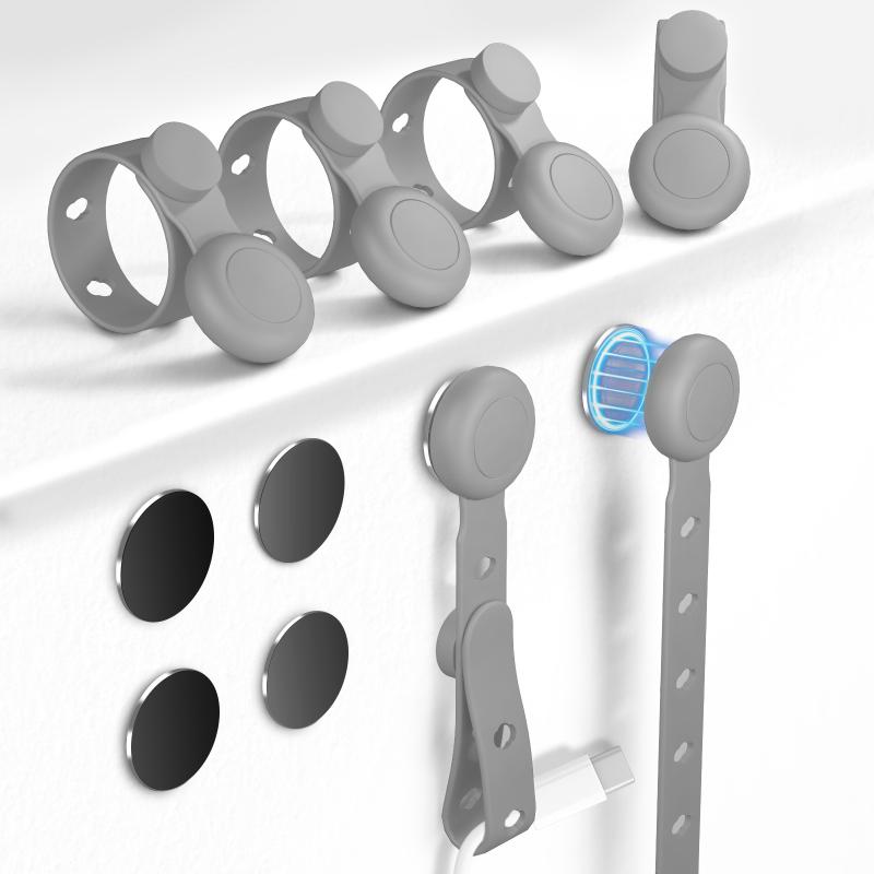 Magnetic Cable Ties With Adhesive Iron Sheet Reusable Silicone Wire Organizer With Buckle Holes Elastic Cable Management Straps