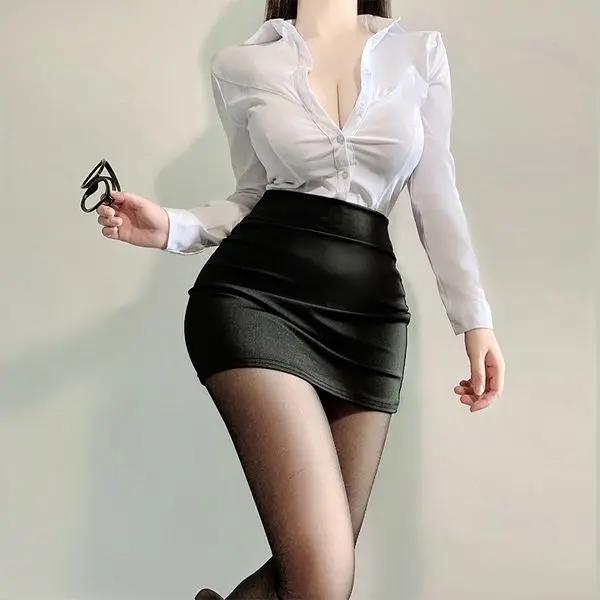 Sexy Uniforme Secreto de OL Disfraz Cosplay Atuendos de Maestra Camisa Falda Mini de Cuero Traje Juego de Rol Ropa para Discoteca Halloween