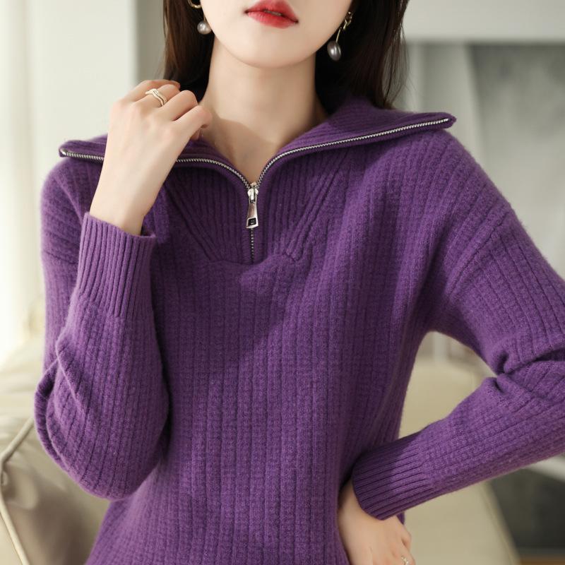 Women's Wool Lapel Cardigan - 2025 Autumn/Winter Half-Zip Knit Pullover Sweater