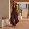 Women's Halter Sleeveless Summer 2 Piece Sets, Pleated Ruffle Backless V Neck Top And Wide Leg Pants Matching Outfits