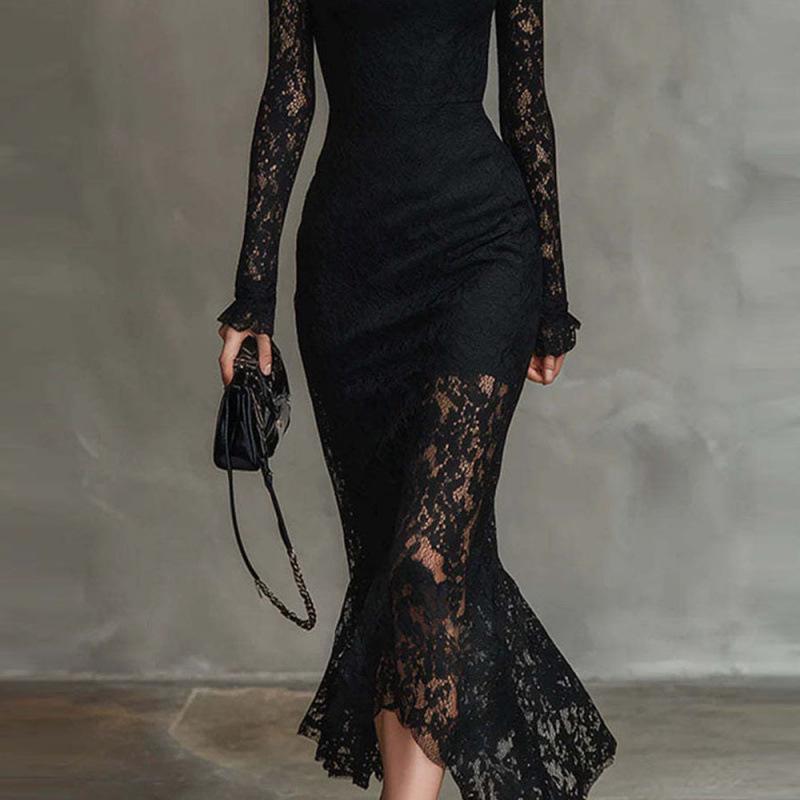 Elegant Cross-border Autumn/Winter Long-sleeved High-waisted Slim-fit Banquet Dress for Women