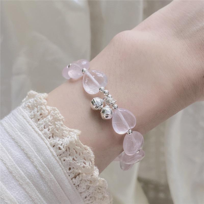 Wishing Your Dreams Come True with Peach Blossom Pink Crystal Heart Bell beads9Silver Bracelet for Female Friends, Unique and Exquisite for Summer