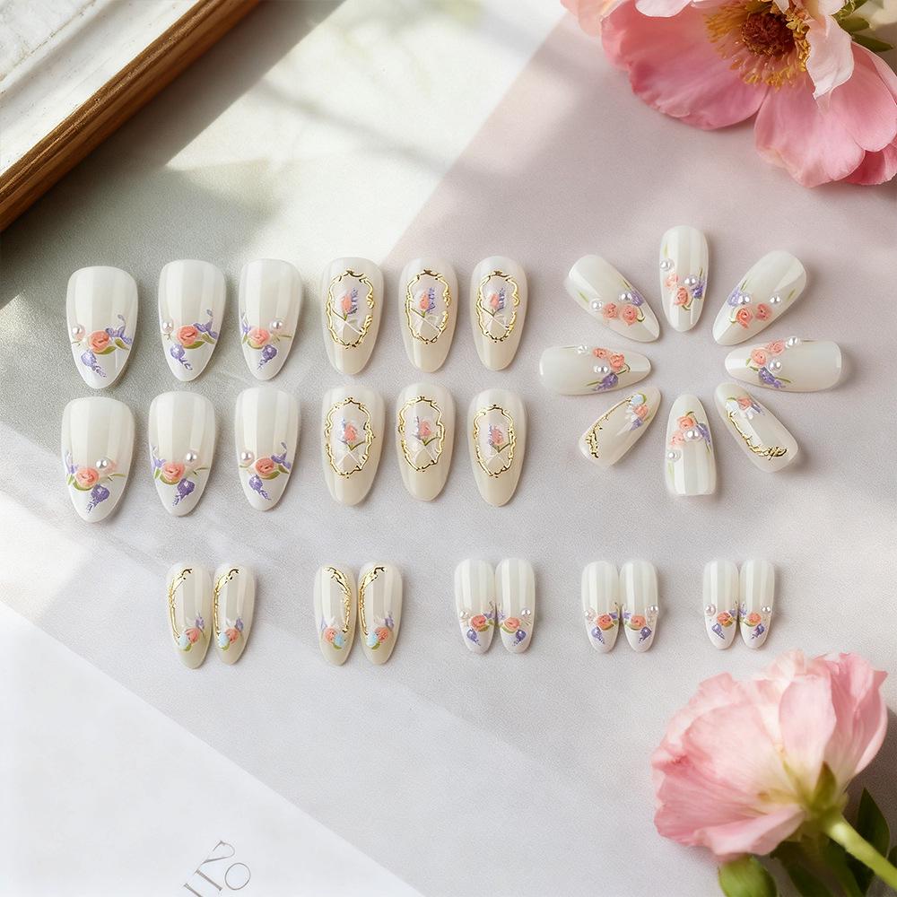 30pcs 3D Floral French Almond Fake Nails for Spring/Summer Manicures