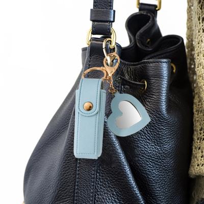 Lipstick Clip Keychain Pendant with Mirror Imitation Leather Lip Gloss Holder Heart-Shaped Pendant Alloy Key Ring