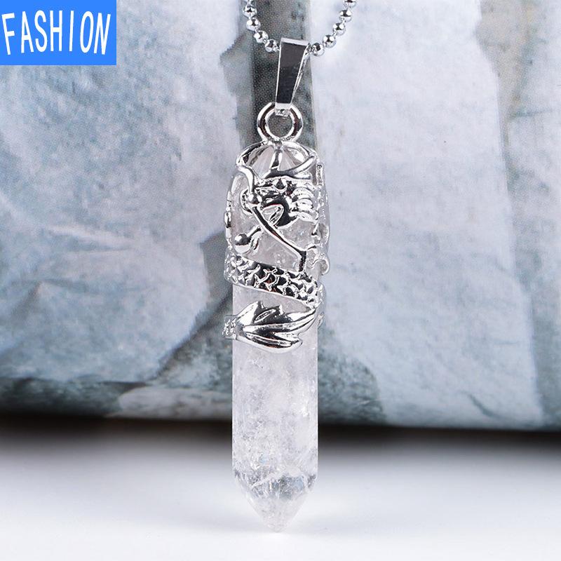 Tribal Totem Dragon Shaped Natural Stone Pendant Hexagon Aura Point Head Crystal Column Nekclace