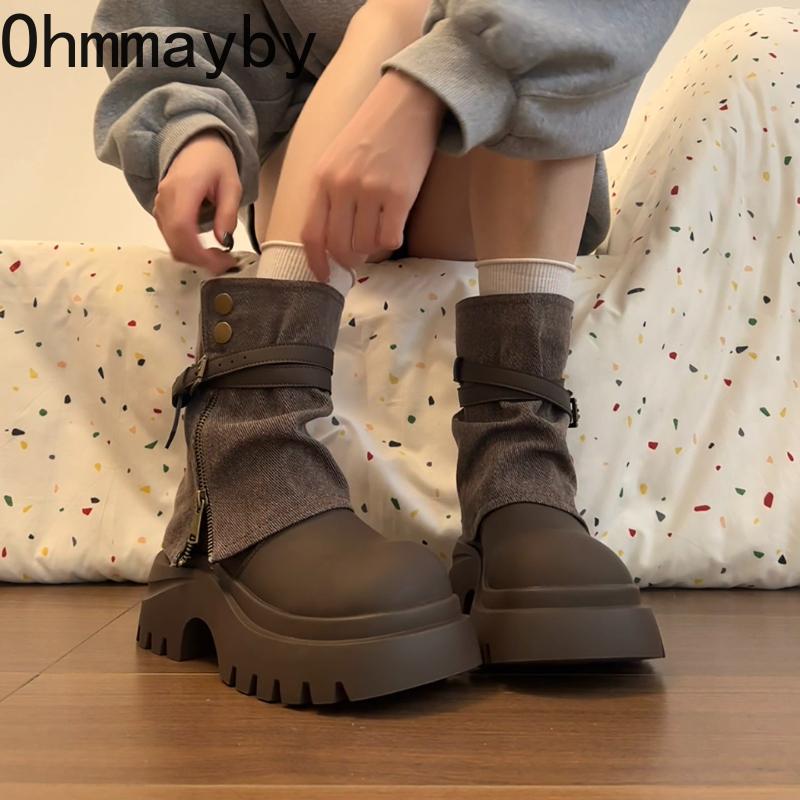 Winter Punk Style Women Ankle Boots Fashion Belt Buckle Shoes Ladies Concise Chunky Platform Heel Short Booties  De Mujer