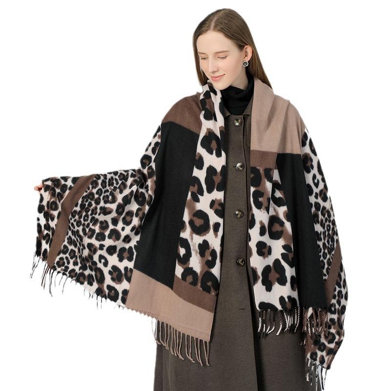 Leopard Print Women's Warm Scarf Color-block Leopard Wrap Shawl