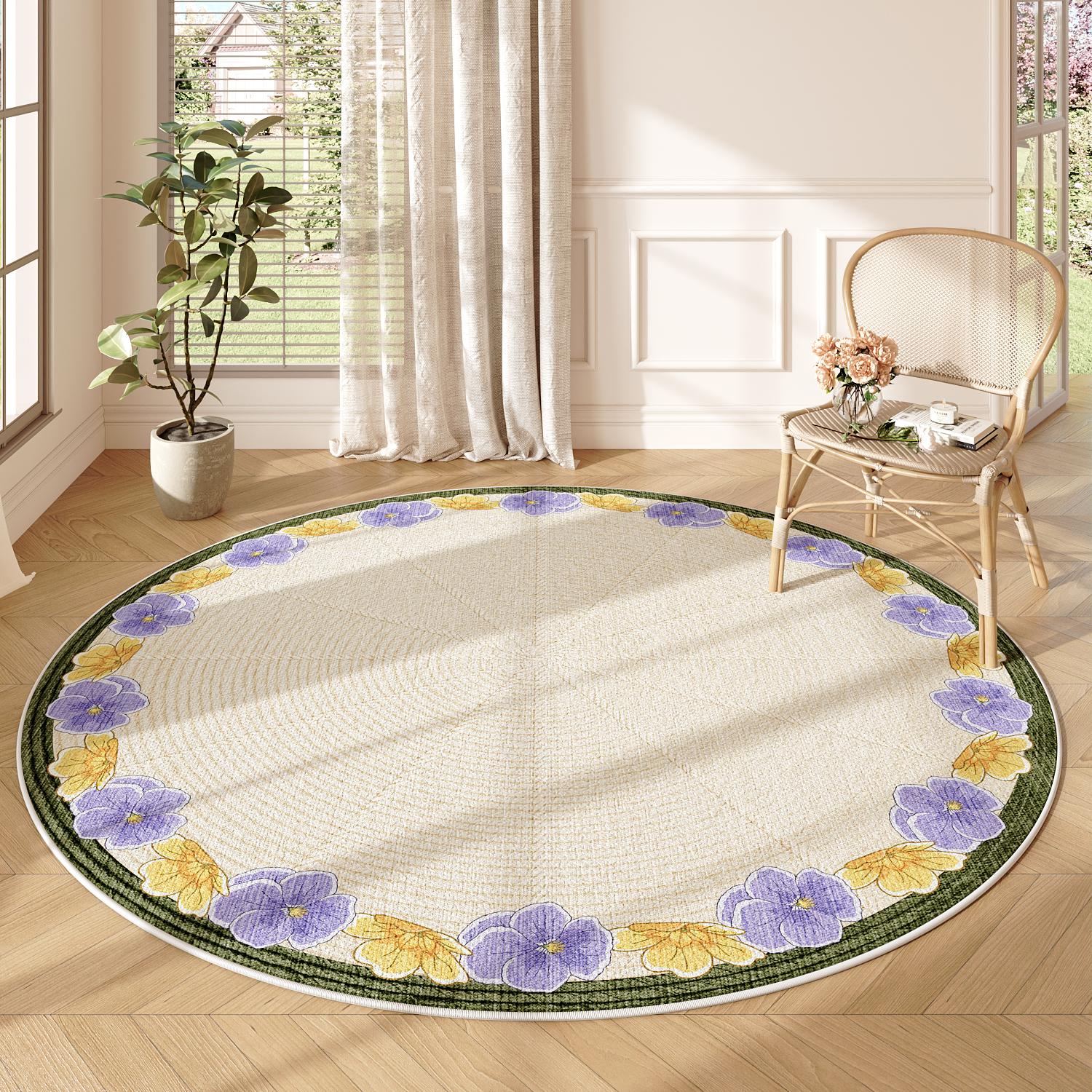 

Декор спальни во французском стиле Круглый ковер Ковры с цветочным узором для гостиной Моющийся коврик для отдыха Мягкий коврик для пола Домашний противоскользящий ковер 80x80CM