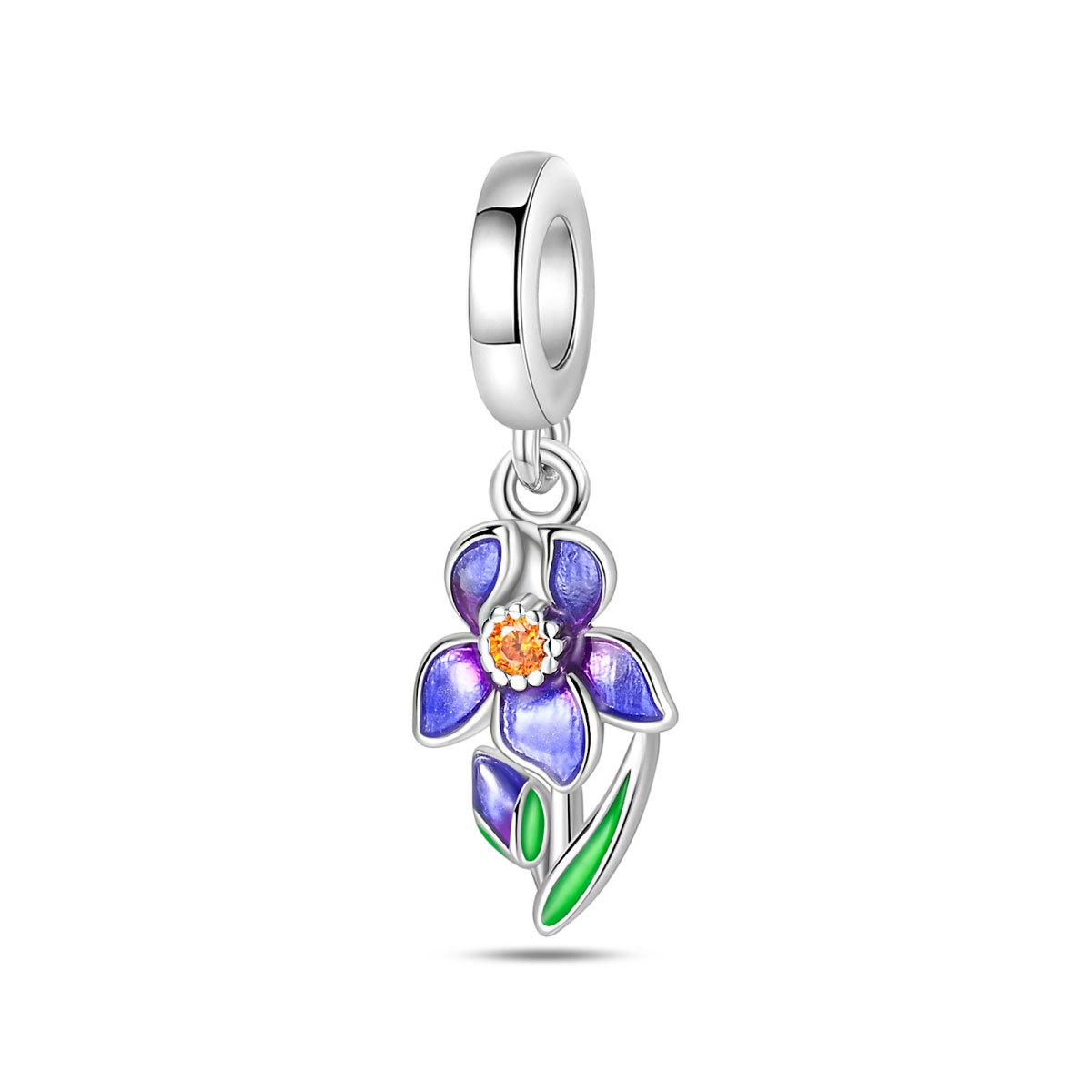 S925 Silver  Iris Flower Pendant Charm Beads for DIY Bracelet Necklace Jewelry Making Craft Supplies