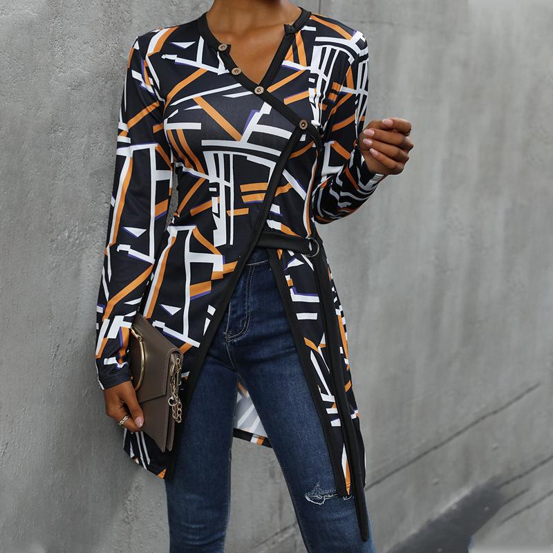 

YYFS Women s Fashion Casual Spring Autumn Geometric Print Long Sleeve V-Neck Blouses & Shirts XL чёрный