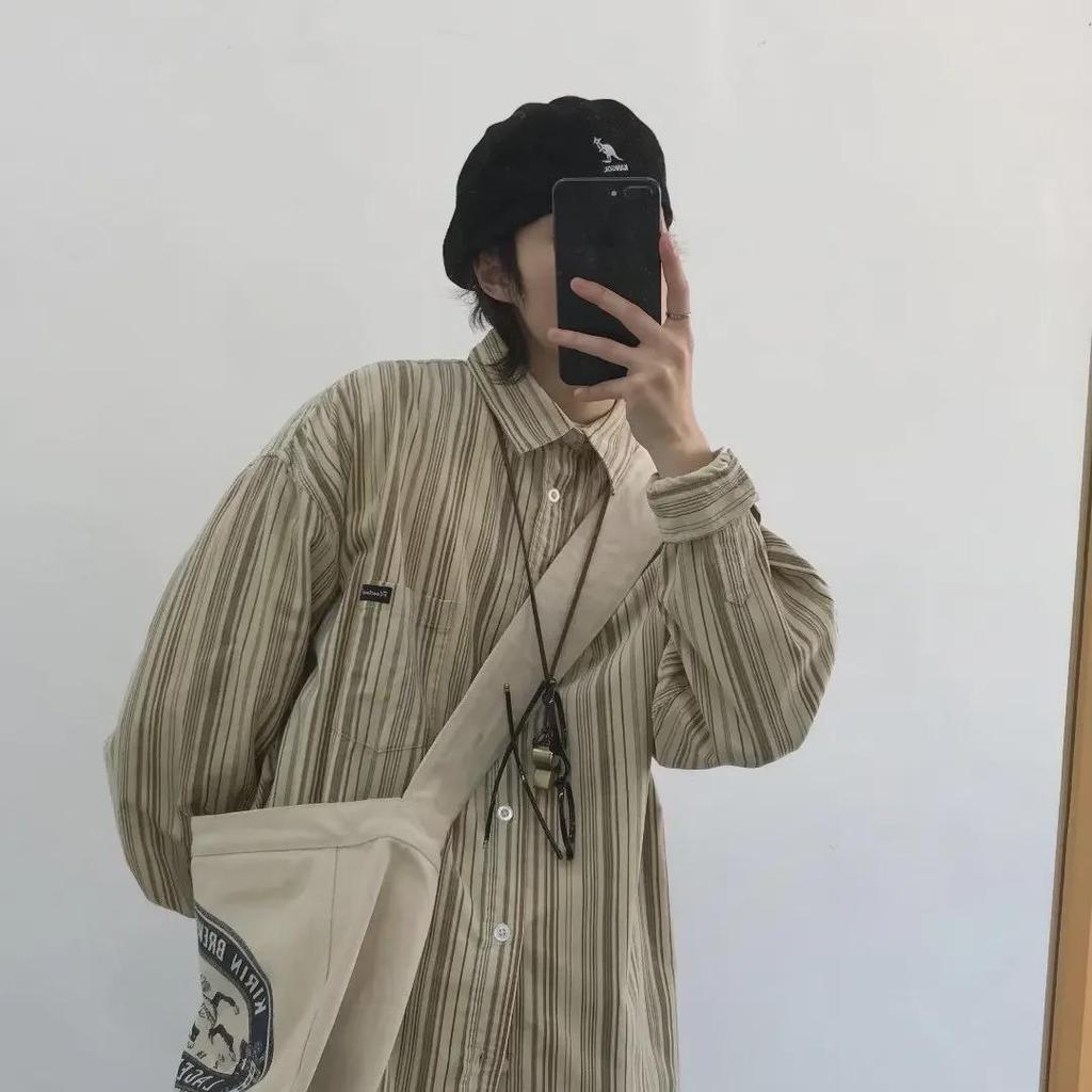 Herr Japansk Retro Randig Långärmad Skjorta - Vår/Höst, Lös Passform, Unisex Trendig Stil.