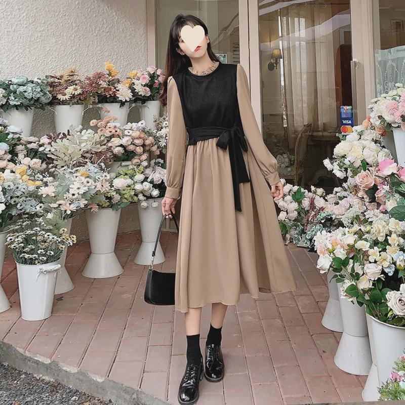 2025 Autumn/Winter Retro Two-in-One Women's Mid-Length Long-Sleeve French Dress