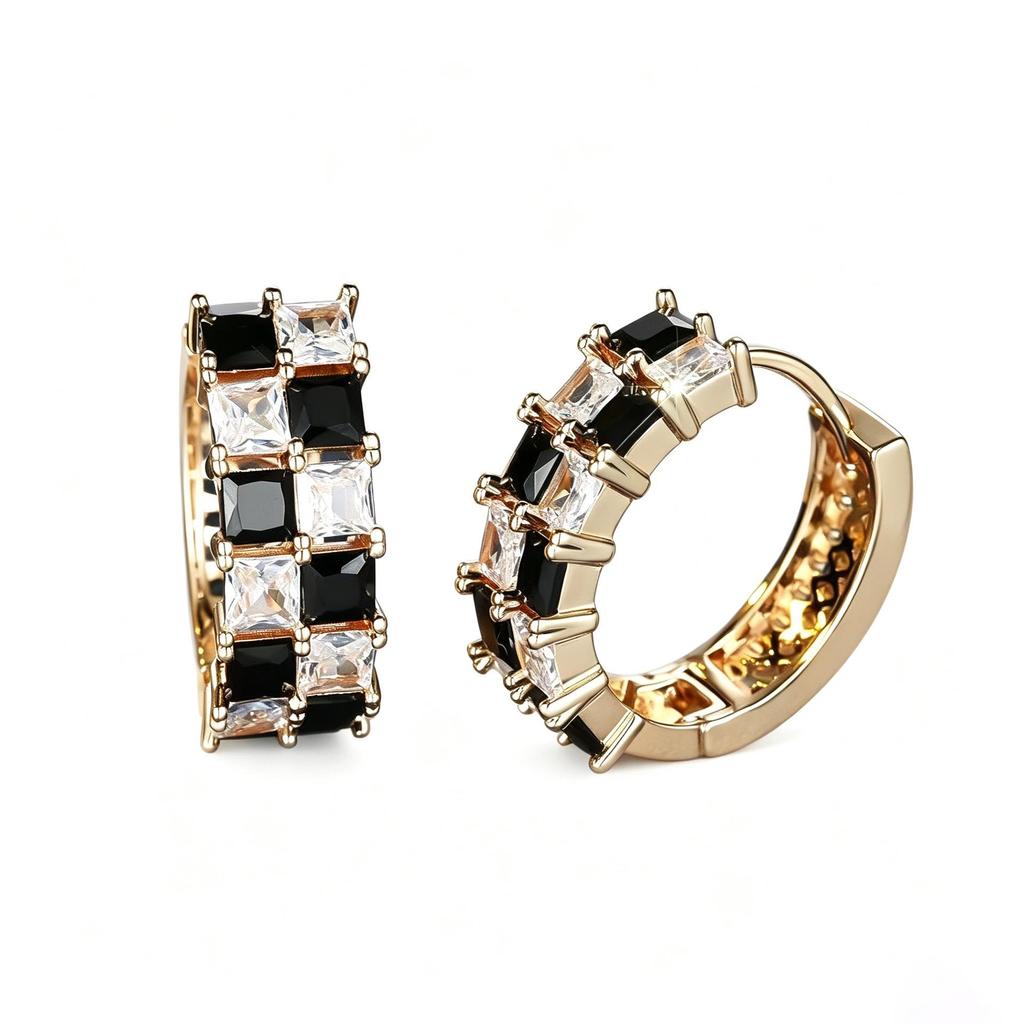 Yanbai Geometric Zirconia Checkerboard Earrings - Black & White Studs.