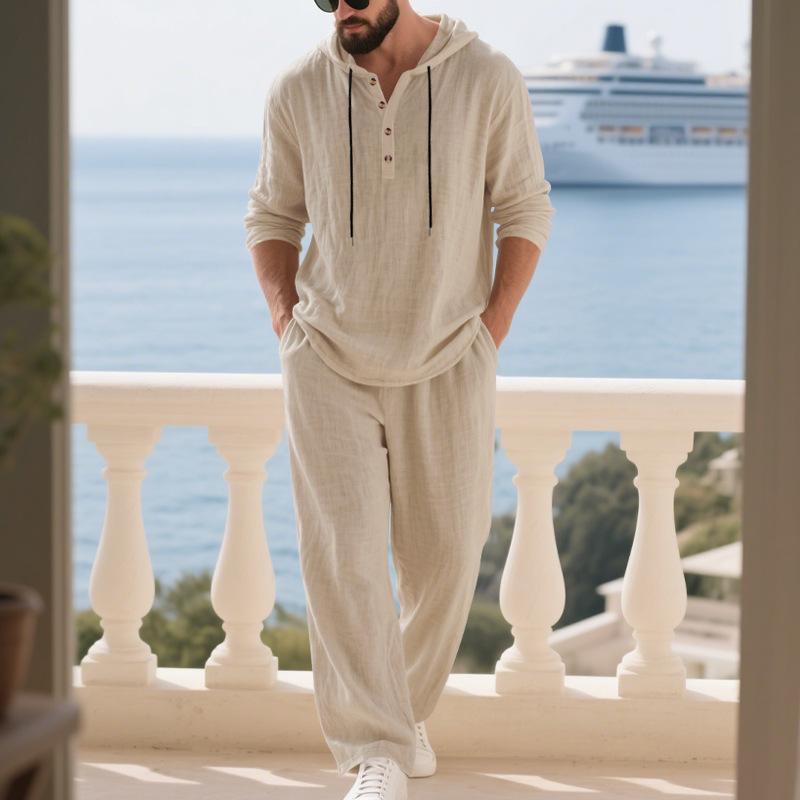 Cross-border Autumn Linen Men's Casual Suit Loose Hooded Henley Shirt Long Sleeve Pants Suit