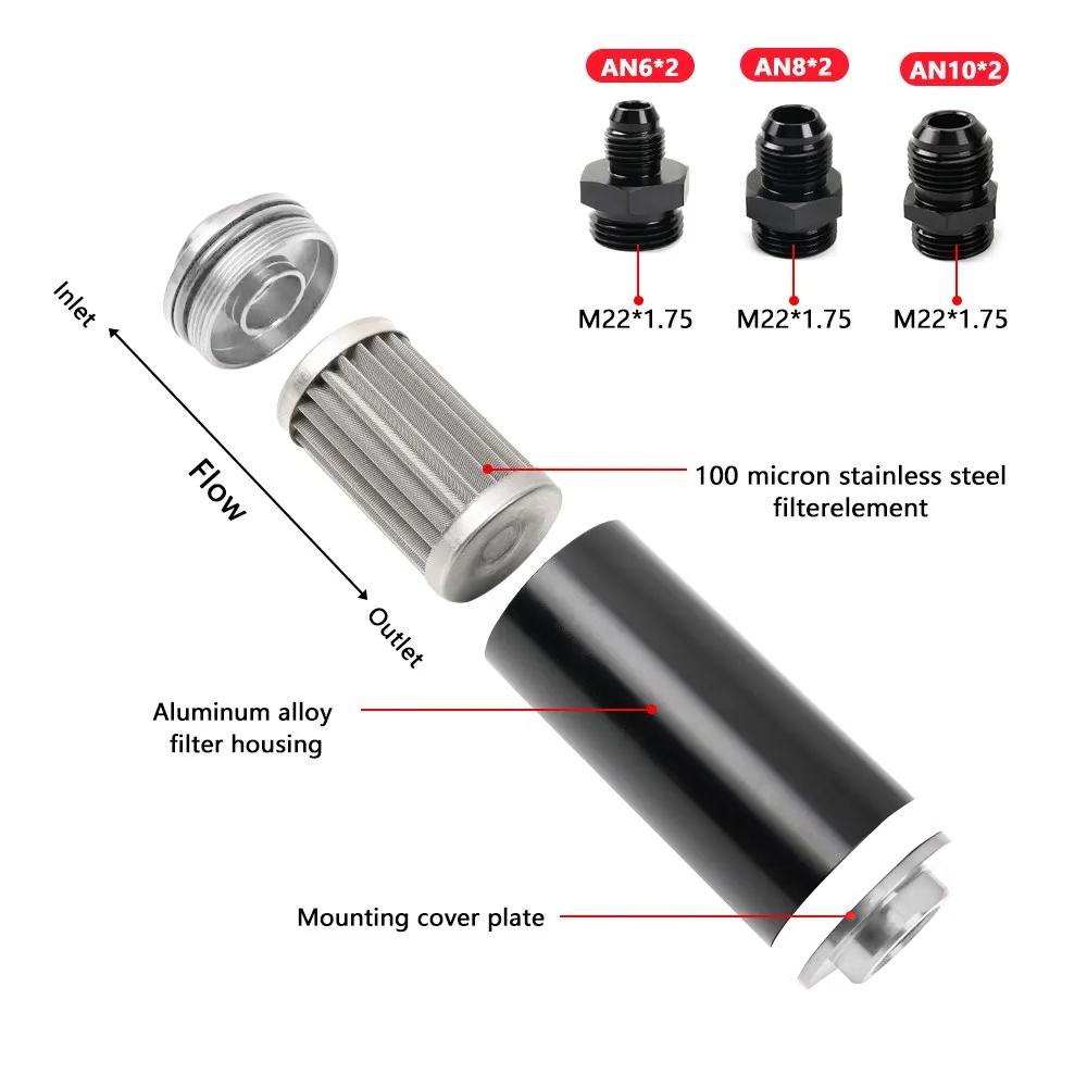 100 Micron Inline Fuel Filter Kit with 6AN 8AN 10AN Adapters & 50mm Mounting Bracket & Wrench Universal Cleanable Black/Red