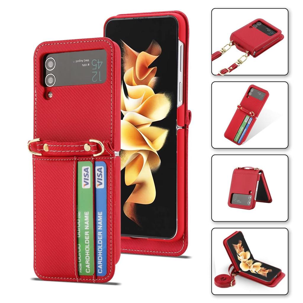 Suitable for Samsung Z Flip4 mobile phone leather case, folding mobile phone fashion card oblique span bag, strap mobile phone case