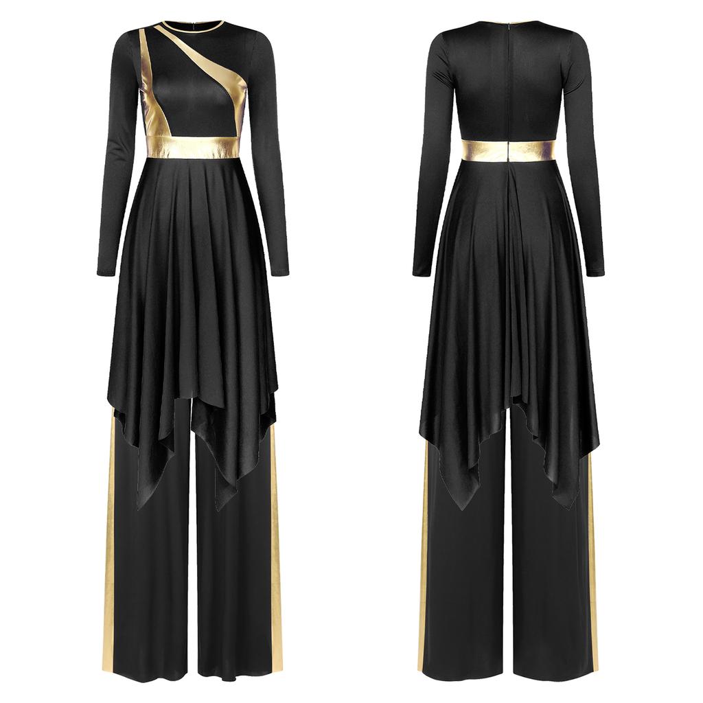Women's Worship Dance Costume S-XXL: Round Neck Long Sleeve Metallic Shiny Patchwork Irregular Dress with Wide-Leg Pants for Church Performance