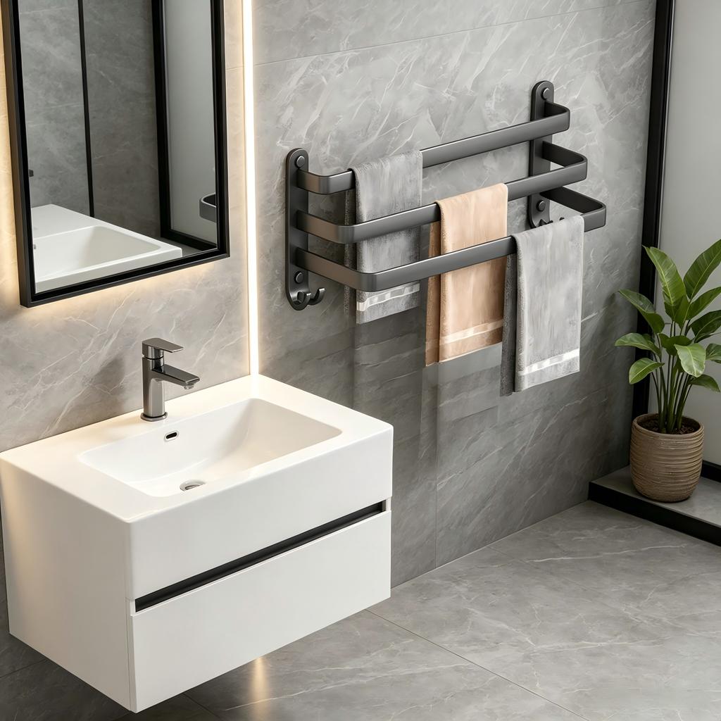 Gun Gray Towel Rack, No-drill Bathroom Wall-mounted Bathroom Towel Hanging Rod Storage Rack Toilet Storage Hanger