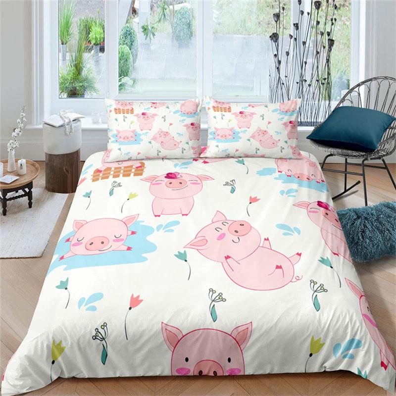 Cartoon Lovely Pig Duvet Cover Set Kawaii Animal Bedding Set King Microfiber Farmhouse Wildlife Theme Comforter Cover Pillowcase