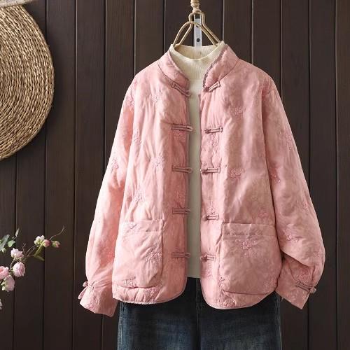Giacca Trapuntata Ricamata Stile Cinese Donna Retro Collo Rialzato Leggera Calda Imbottita in Cotone Cappotto G208