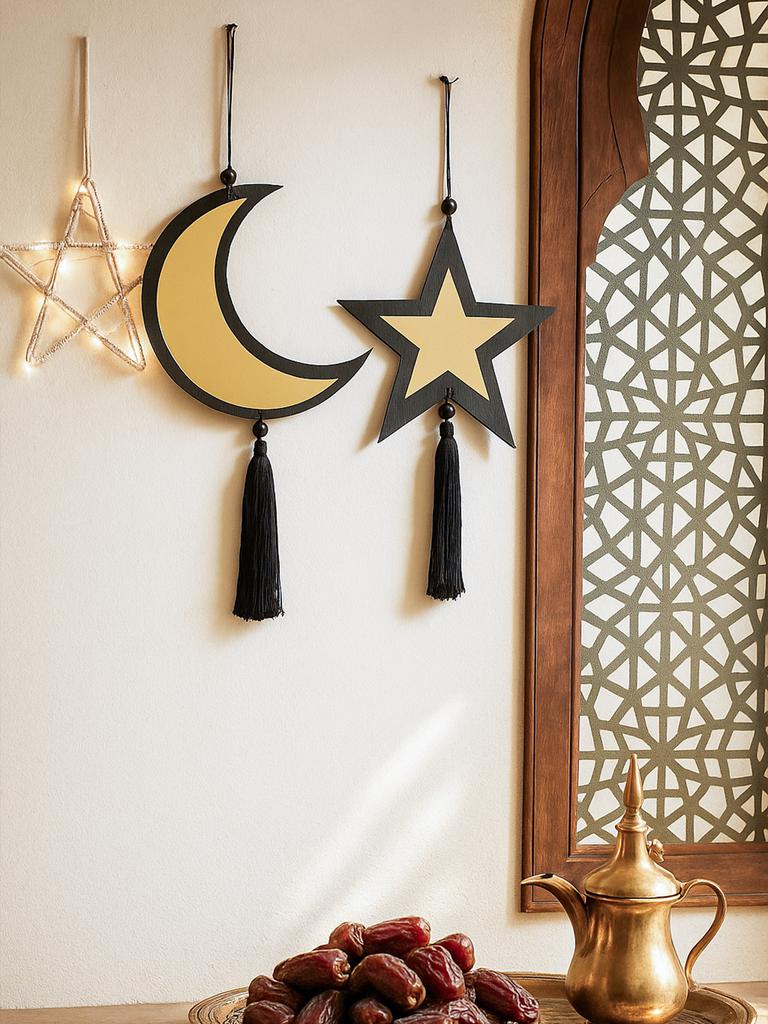 1pc Ramadan Moon Star Golden Mirror Wall Decor,Black Tassel Hanging Ornaments,Islamic Festive Home Decor for Ramadan & Eid Gifts