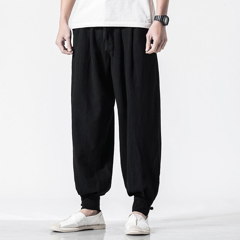 Loose Cotton-Linen Monk Pants with Hem - Lay Buddhist Meditation Wear for Spring and Summer