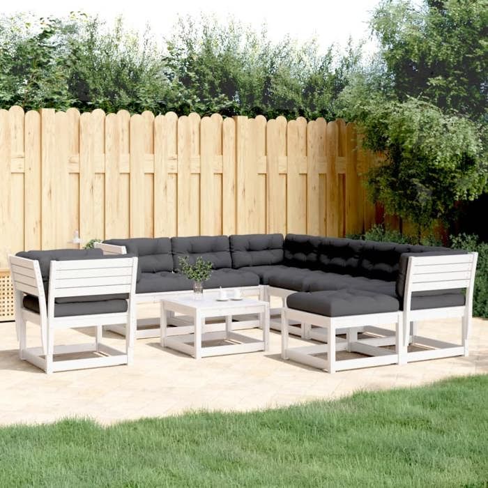 VidaXL Salon de Jardin avec Coussins 8 pcs, Sièges de Patio, Ensemble de Meubles, Mobilier de Terrasse Extérieur, Blanc Bois 3216951