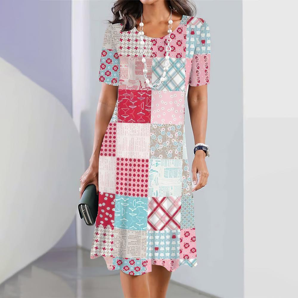 New Plaid Graphic Print Dresses For Women Elegant Dresses Summer Medium Length Dress Plus Size Female Fashion